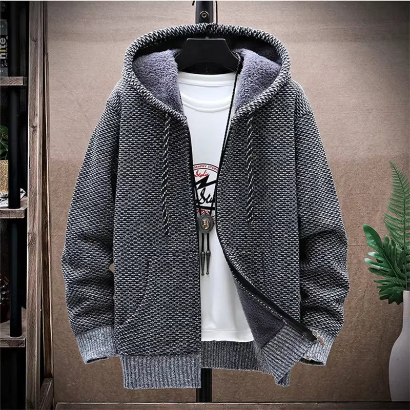 Winter Fleece Sweatercoat Men Thick Warm Hooded Kintted Mens Sweater Cardigan Solid Casual Knitting Jacket Coat Male Clothing