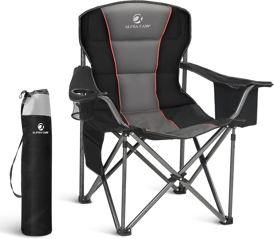 Folding Camping Chair Oversized Heavy Duty Padded Outdoor Chair with Cup Holder Storage and Cooler Bag, 450 LBS Weight Capacity, Thicken 600D Oxford,2 Pack