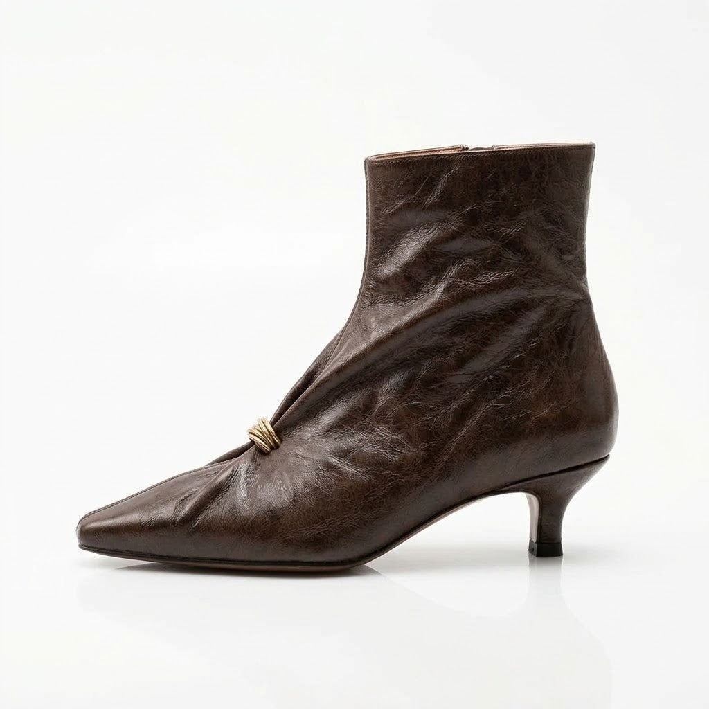 New Women's Pleated Sheepskin Ankle Boots – Elegant Pointed-Toe Kitten Heels
