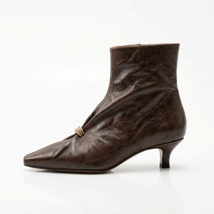 New Women's Pleated Sheepskin Ankle Boots – Elegant Pointed-Toe Kitten Heels