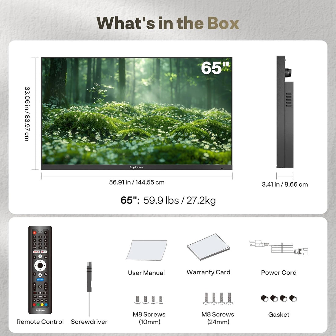 65 Inch Outdoor TV, Ultra-Narrow Bezel, 4K Smart Google TV, 1000 Nits Partial Sun, IP56 Waterproof, Dual Speakers, All-Weather Metal Chassis for Patio, Deck, Backyard (Frameless Series)