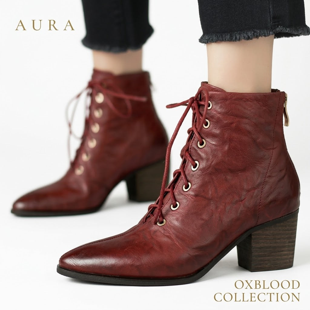 Women's Sheepskin Ankle Boots – Pointed Toe, Lace-Up Design, 6cm Chunky Heel