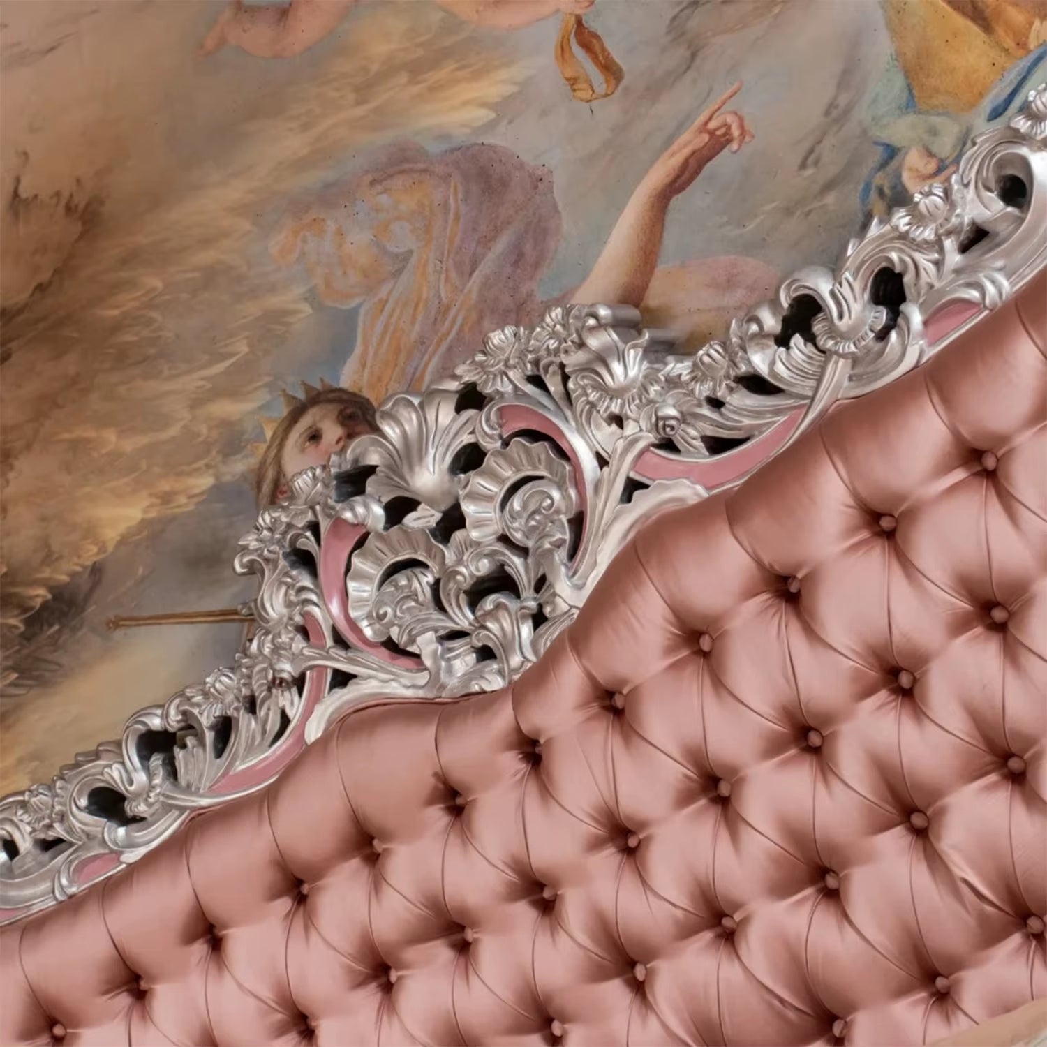 French Classic Hand Carved Silver Wood Bedroom Furniture Bed 