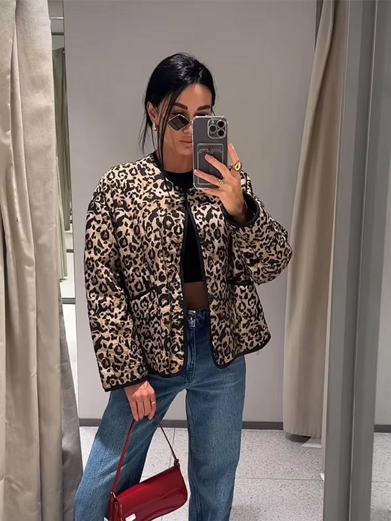 New Stylish  Female Winter Warm High Street Outwear Retro Leopard Print Cotton Coats Women Autumn Zipper Jacket