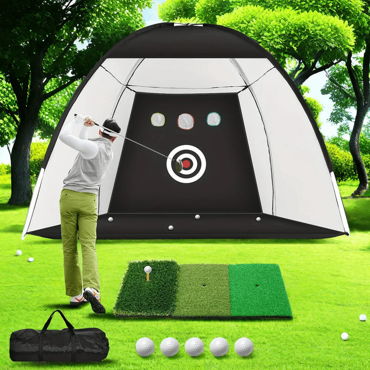 Modern Portable Golf Hitting Net Training Mat 10X7Ft with Target and Balls