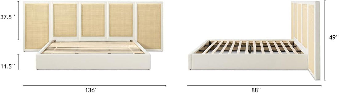 New Upholstered Bed Frame - Rattan Bedframe with Extended Cane Headboard 