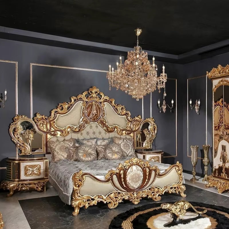 Premium Hand Carving Vintage Gold Wooden King Size Bed