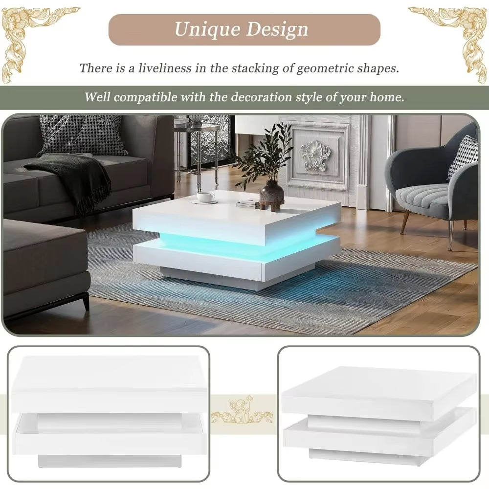 Modern Home LED Coffee Table for Living Room, High Gloss Coffee Table with Plug-In Light Cocktail Table for Party Home