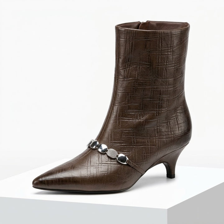 Luxury Women's Cow Leather Ankle Boots – Pointed Toe Chain Detail, 5cm Slim Heel