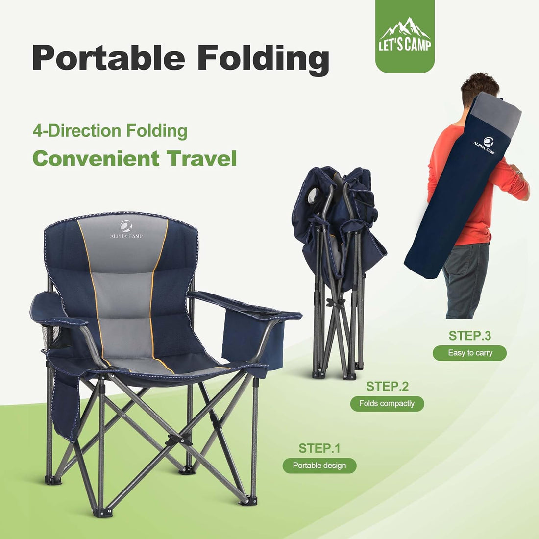 Folding Camping Chair Oversized Heavy Duty Padded Outdoor Chair with Cup Holder Storage and Cooler Bag, 450 LBS Weight Capacity, Thicken 600D Oxford,2 Pack