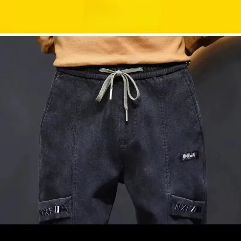 Men'S Clothing Letter Embroidered Solid Color Pockets High Waisted Elastic Casual Spring Autumn Trousers Bloomers Cargo Pants