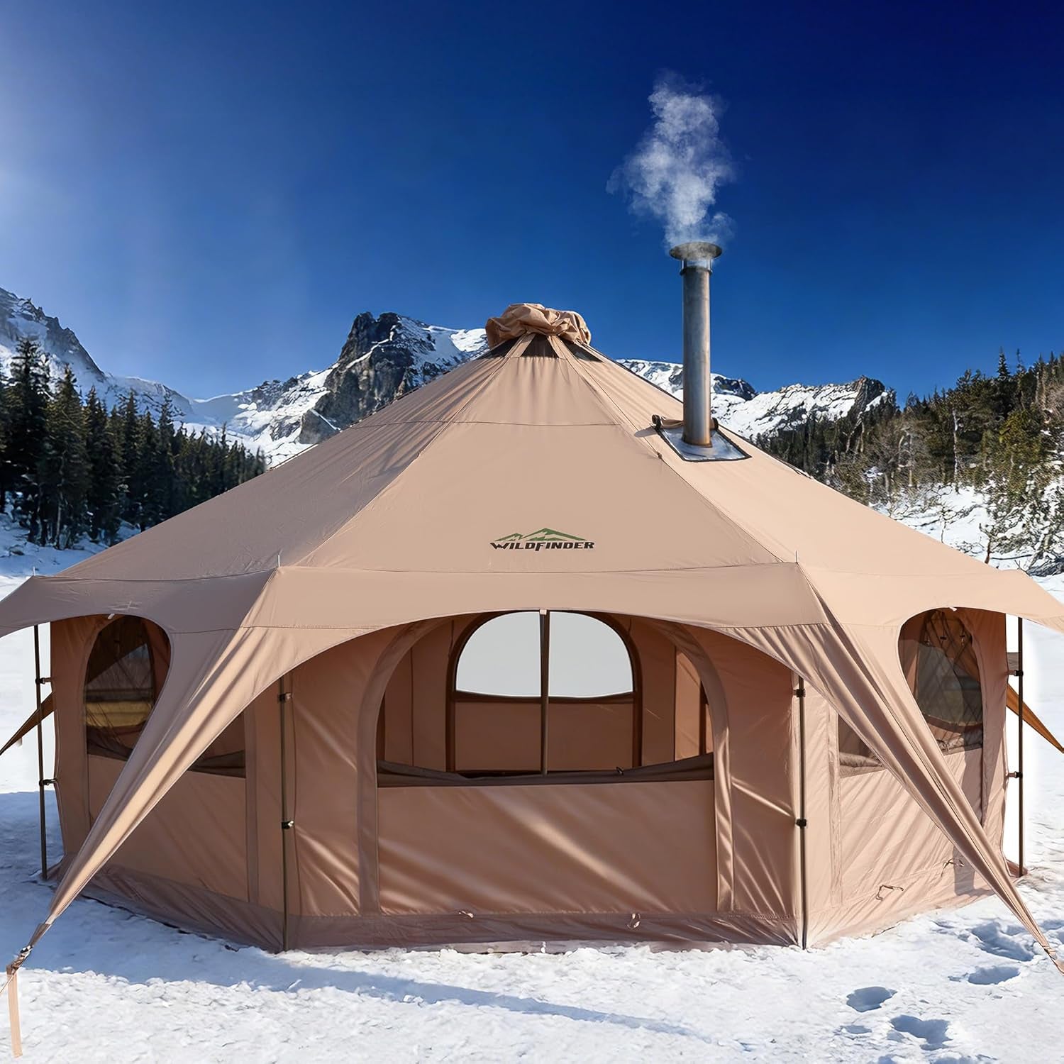 16.5Ft Canvas Bell Tent, Large Yurt Tent with Stove Jack for Camping & Glamping, 55" High Walls, Maximum Space, Waterproof 4 Season Hot Tent with 8 Mesh Windows & Removable Floor