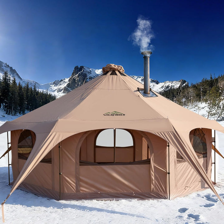 16.5Ft Canvas Bell Tent, Large Yurt Tent with Stove Jack for Camping & Glamping, 55" High Walls, Maximum Space, Waterproof 4 Season Hot Tent with 8 Mesh Windows & Removable Floor