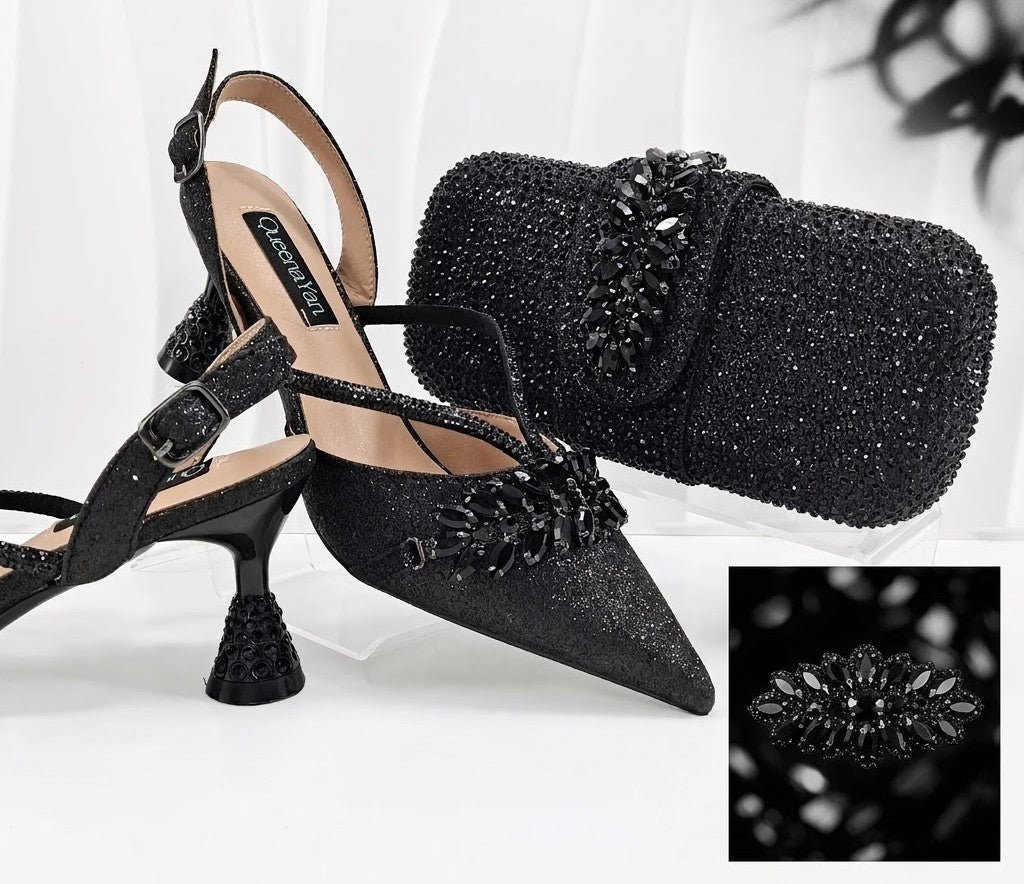 Women's Olive Green Rhinestone High Heels with Matching Bag Set – Elegant Pointed Toe Wedding Party Shoes