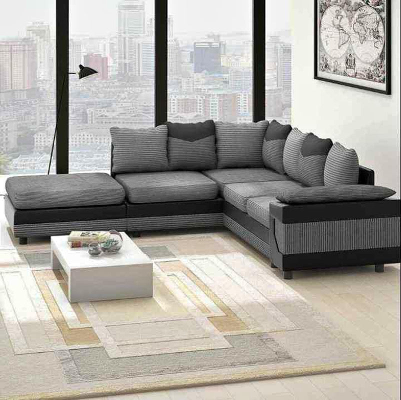 New Large Grey Corner Sofa LARGE-DINO-CORNER-SOFA-GREY-BLACK-LEFT-HAND-SIDE-FOAM. Fire Resistant as per British Standards, Foam Filled Seats for Comfort.