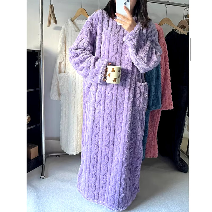 New Arrival Women Winter Thicken Night Dress Soft Coral Velvet Long Sleeve Nightgowns Solid Sleepwear Homewear