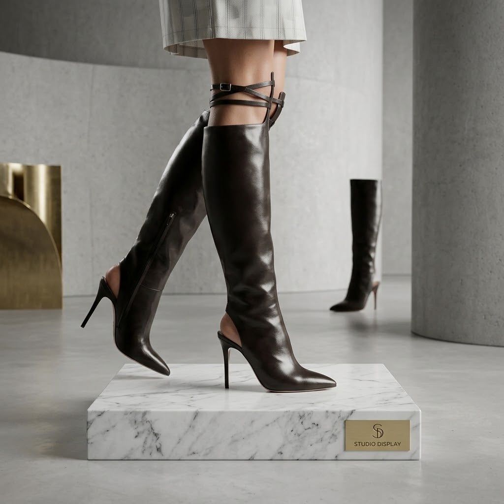 Women’s Black Over-the-Knee Open-Toe Stiletto Boots with Buckle Straps