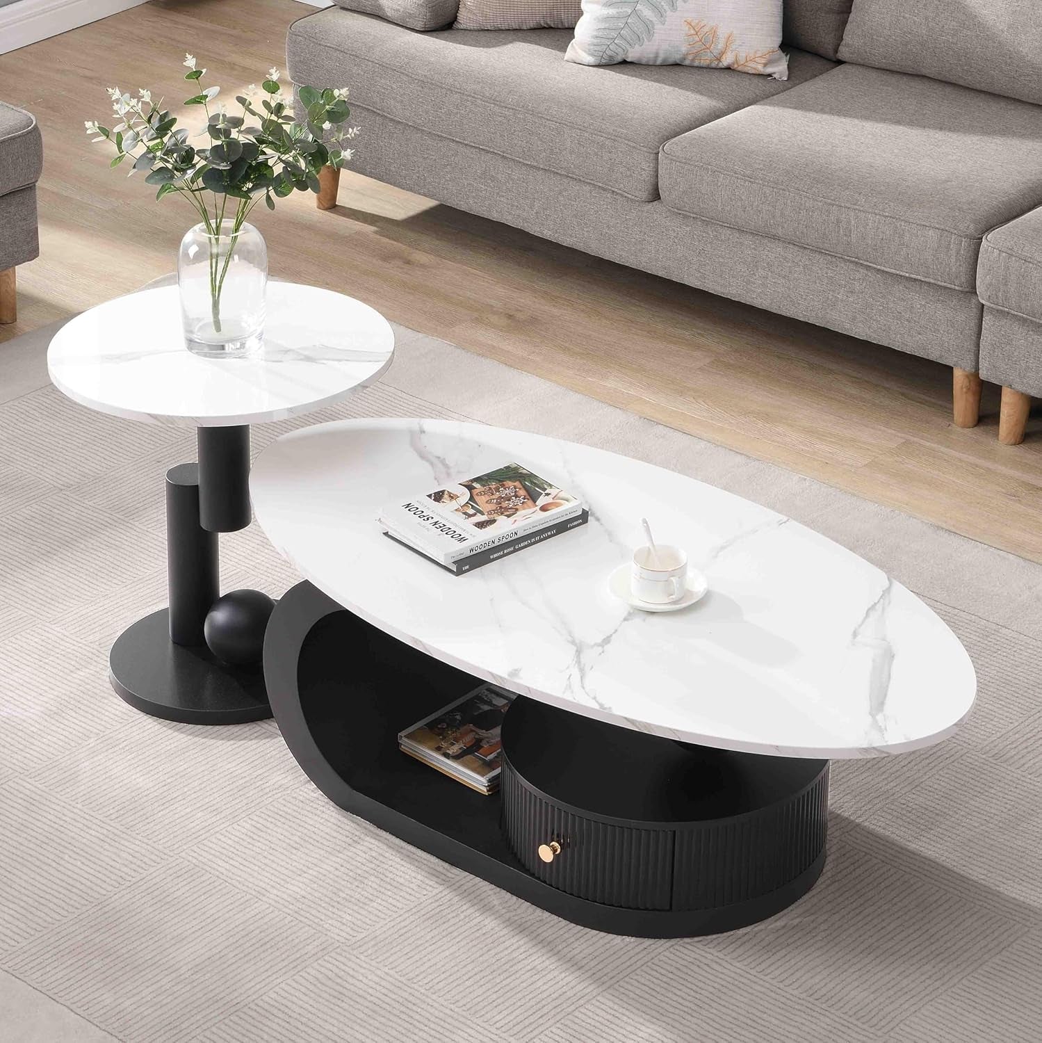  Nesting Oval Coffee Table Set of 2 Black Faux Marble