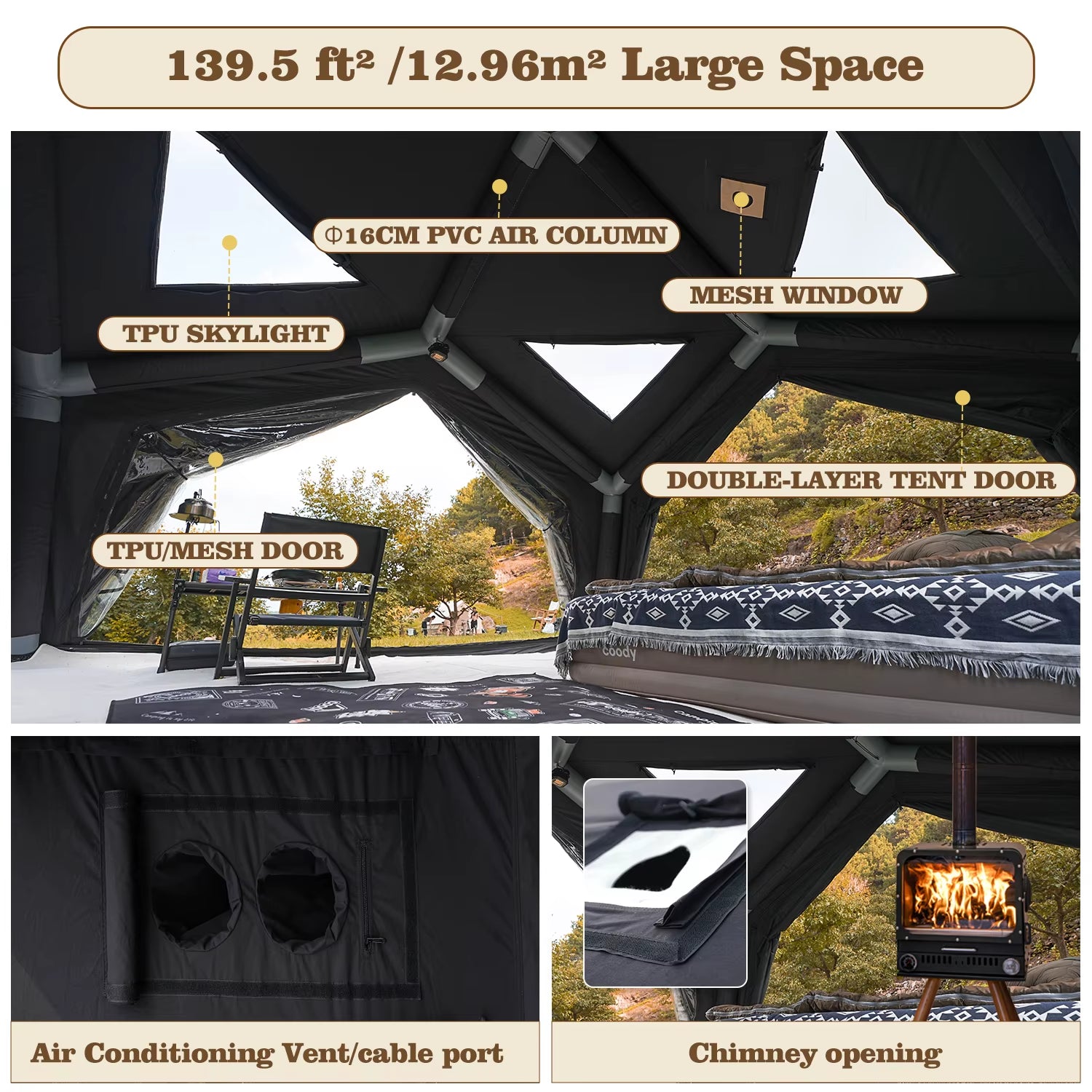 Coody Hub Station Air Tent-Black Factory Direct High Quality Camping Party Four Season Outdoor Unique Portable Inflatable Tent