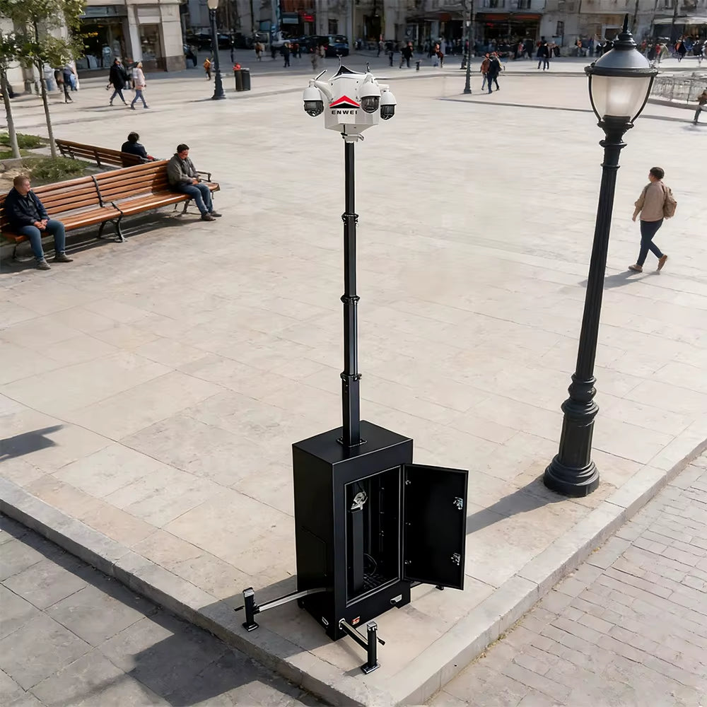 Mobile IP65 Waterproof 6M Mast CCTV Security Tower with 117Km/H Wind Resistance for Border Perimeter & Football Field