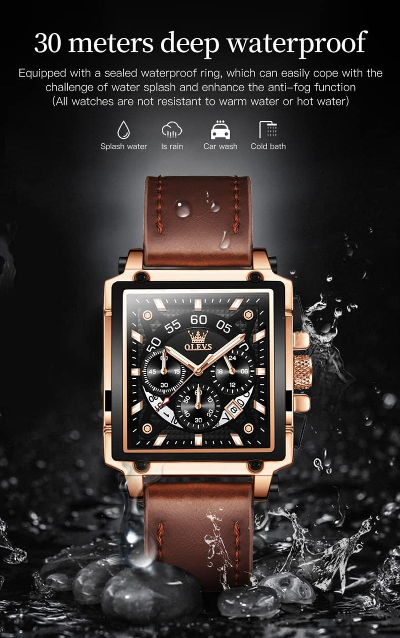 Vintage Square Watch for Men Genuine Brown Leather 