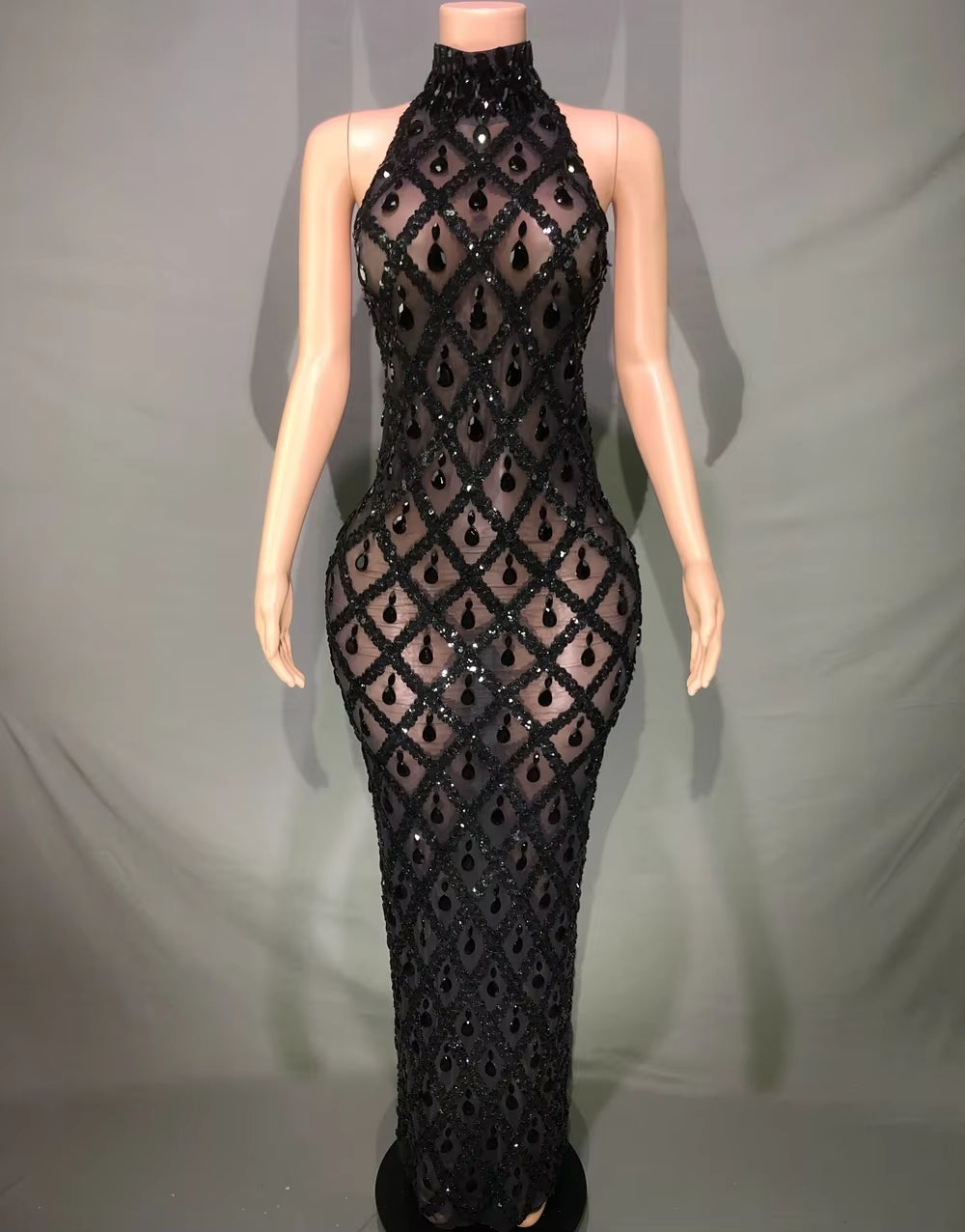 Sparkly Rhinestones Sleeveless Long Dress Elegant Dark Mesh Celebrate Evening Wedding Prom Gown Birthday Dress Photograph Wear