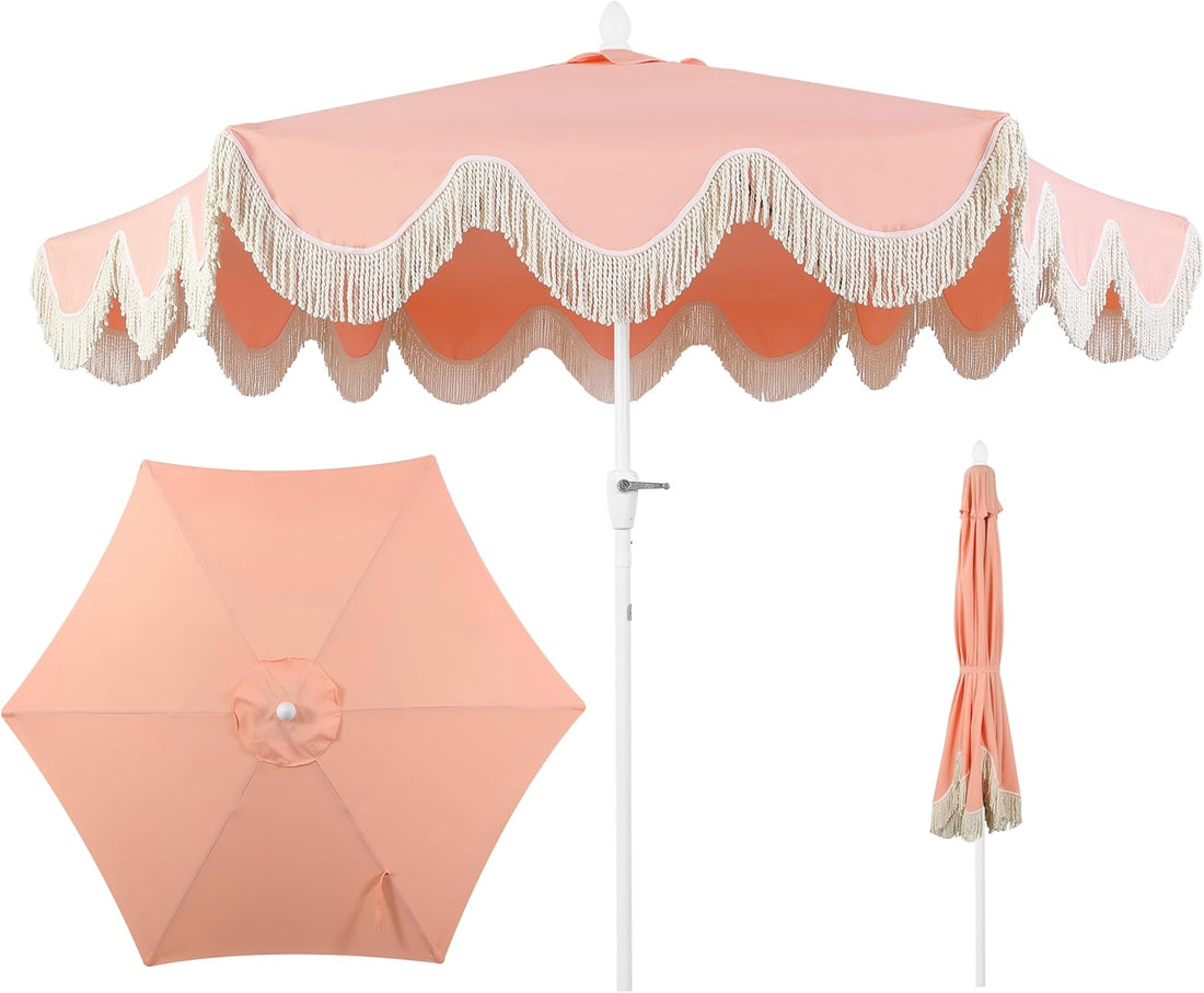 UMB1001 Collins 9 Ft. Classic Cottage Tassel Market Patio Umbrella with Auto-Tilt, Crank, Wind Vent and UV Protection