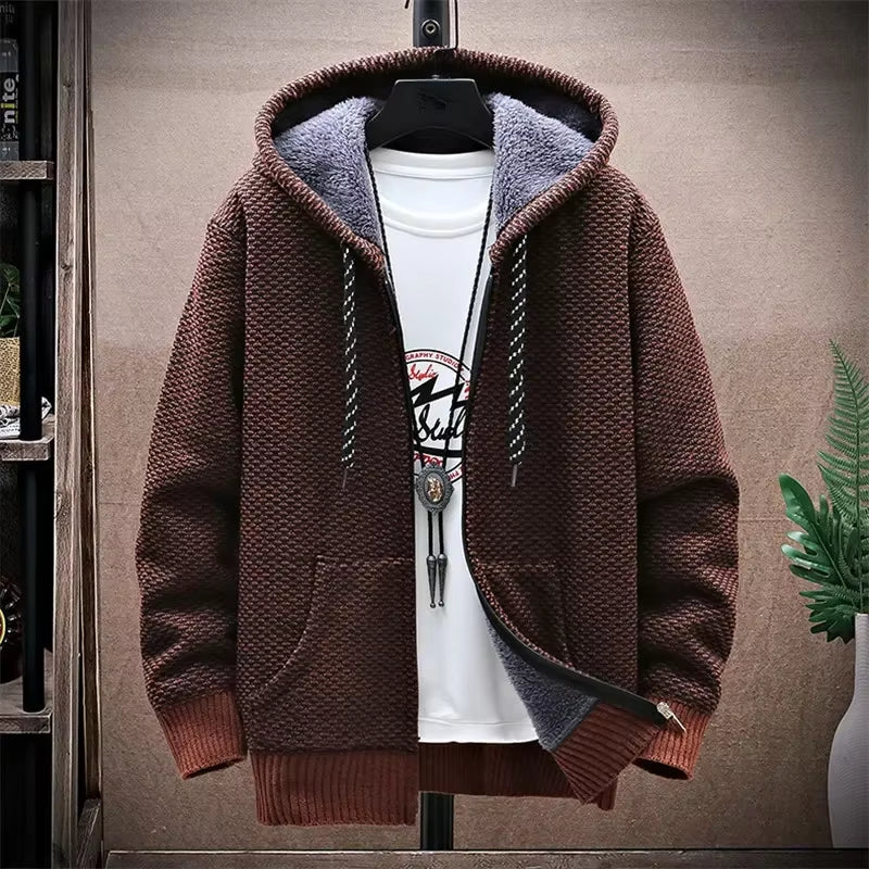 Winter Fleece Sweatercoat Men Thick Warm Hooded Kintted Mens Sweater Cardigan Solid Casual Knitting Jacket Coat Male Clothing