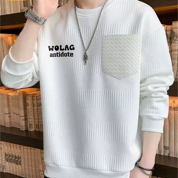 New Spring and Autumn Fashion Trend Print Panel Leather Pocket round Neck Loose and Versatile Handsome Men'S Long Sleeve Sweater