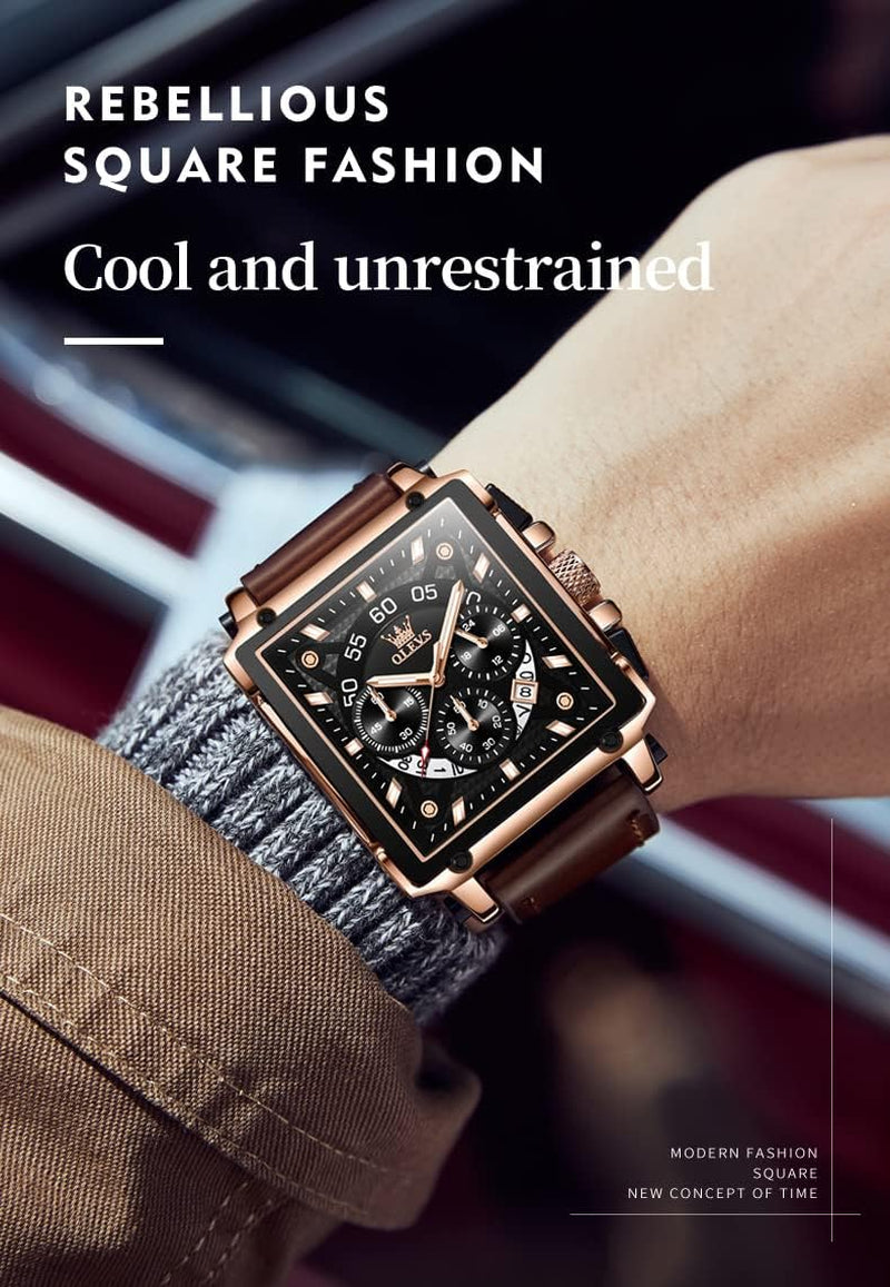 Vintage Square Watch for Men Genuine Brown Leather 
