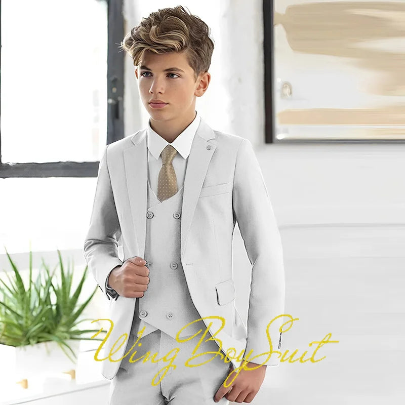 New Stylish Ivory Boys Suit 3 Piece Jacket Pants Vest Formal Slim Design Blazer for Kids Wedding Tuxedo Business Clothing