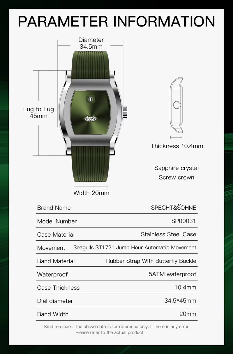 Luxury Specht Automatic Mens Sapphire Wristwatch 