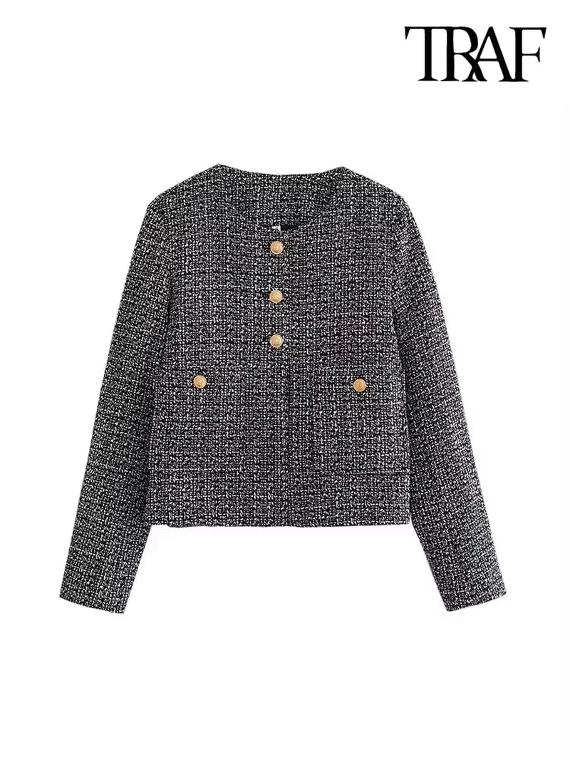 Women Fashion with Pockets Tweed Jack Coat Vintage Long Sleeve Front Button Female Outerwear Chic Tops