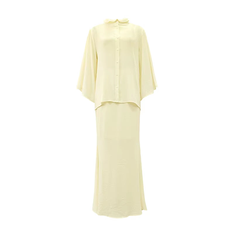 Women Apricot Pleated 2 Piece Skirt Set Spring Summer Dress