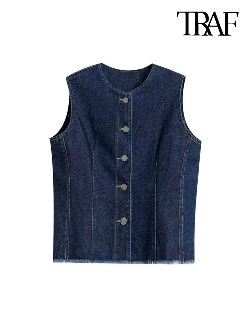 -Women'S Front Button Frayed Trims Denim Waistcoat, O Neck, Sleeveless Vest, Female Outerwear, Chic Tops, Fashion