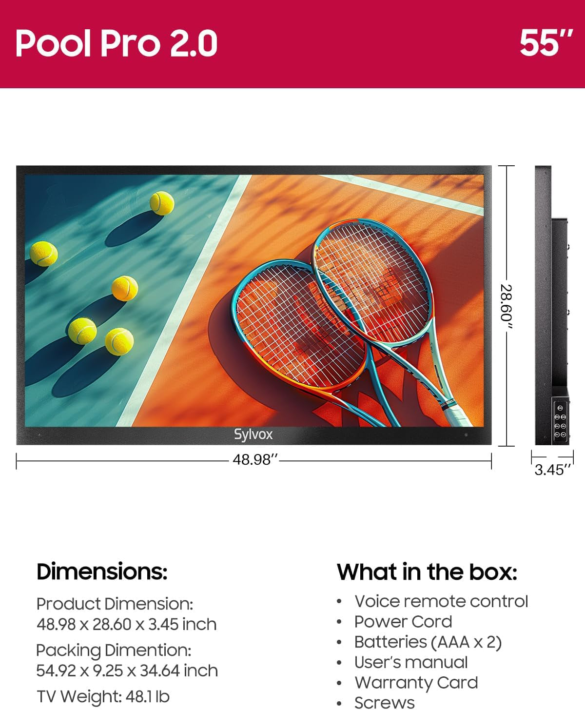 Outdoor TV, 55-Inch Waterproof Smart TV, 2000 Nits Full Sun TV, 4K, Dolby Atmos, HDR10, Weatherproof Television with Voice Assistant Remote (Pool Pro 2.0, Latest Model)