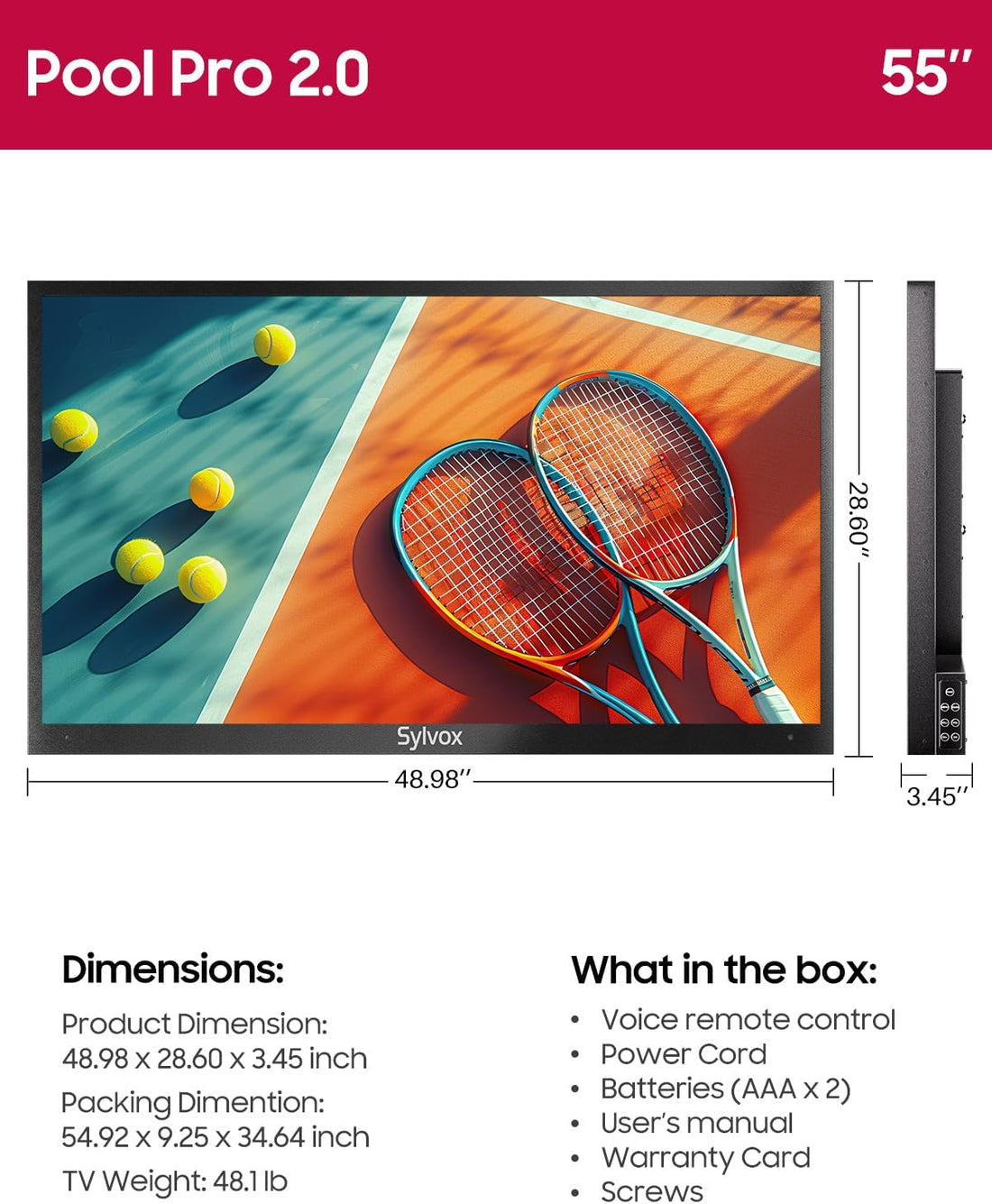 Outdoor TV, 55-Inch Waterproof Smart TV, 2000 Nits Full Sun TV, 4K, Dolby Atmos, HDR10, Weatherproof Television with Voice Assistant Remote (Pool Pro 2.0, Latest Model)