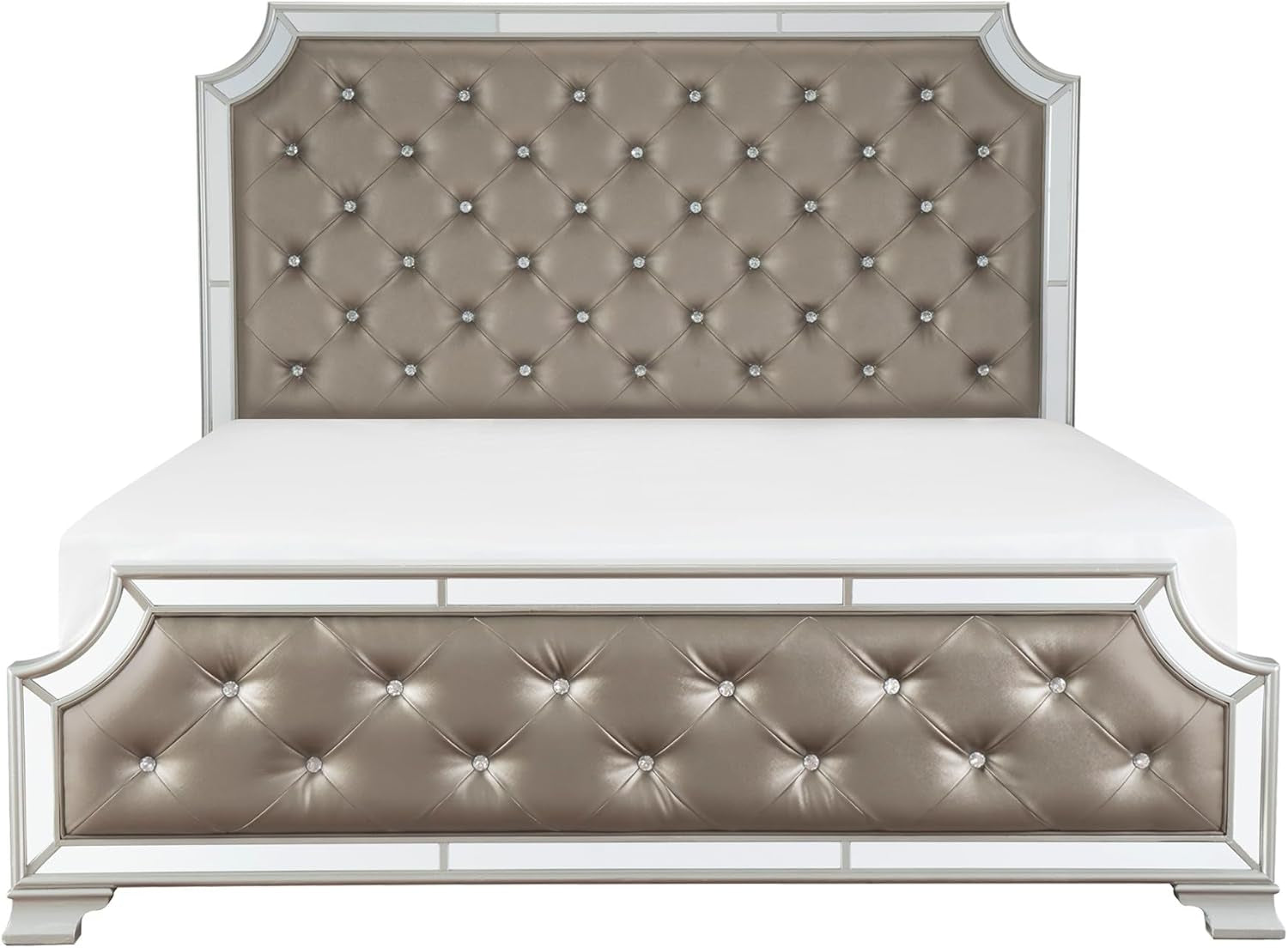 Modern Mirror Bed Frame Crystal Button-Tufted Headboard & Footboard