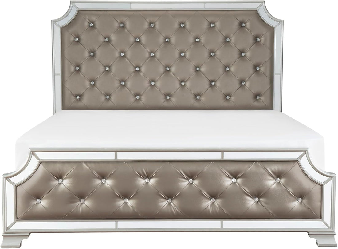 Modern Mirror Bed Frame Crystal Button-Tufted Headboard & Footboard