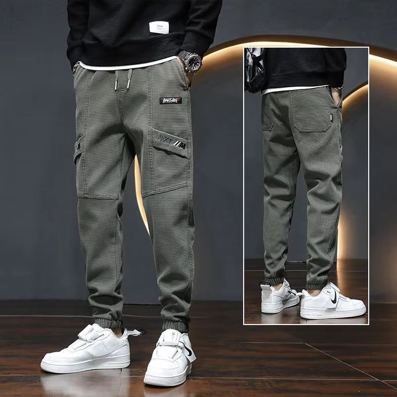 Men'S Clothing Letter Embroidered Solid Color Pockets High Waisted Elastic Casual Spring Autumn Trousers Bloomers Cargo Pants