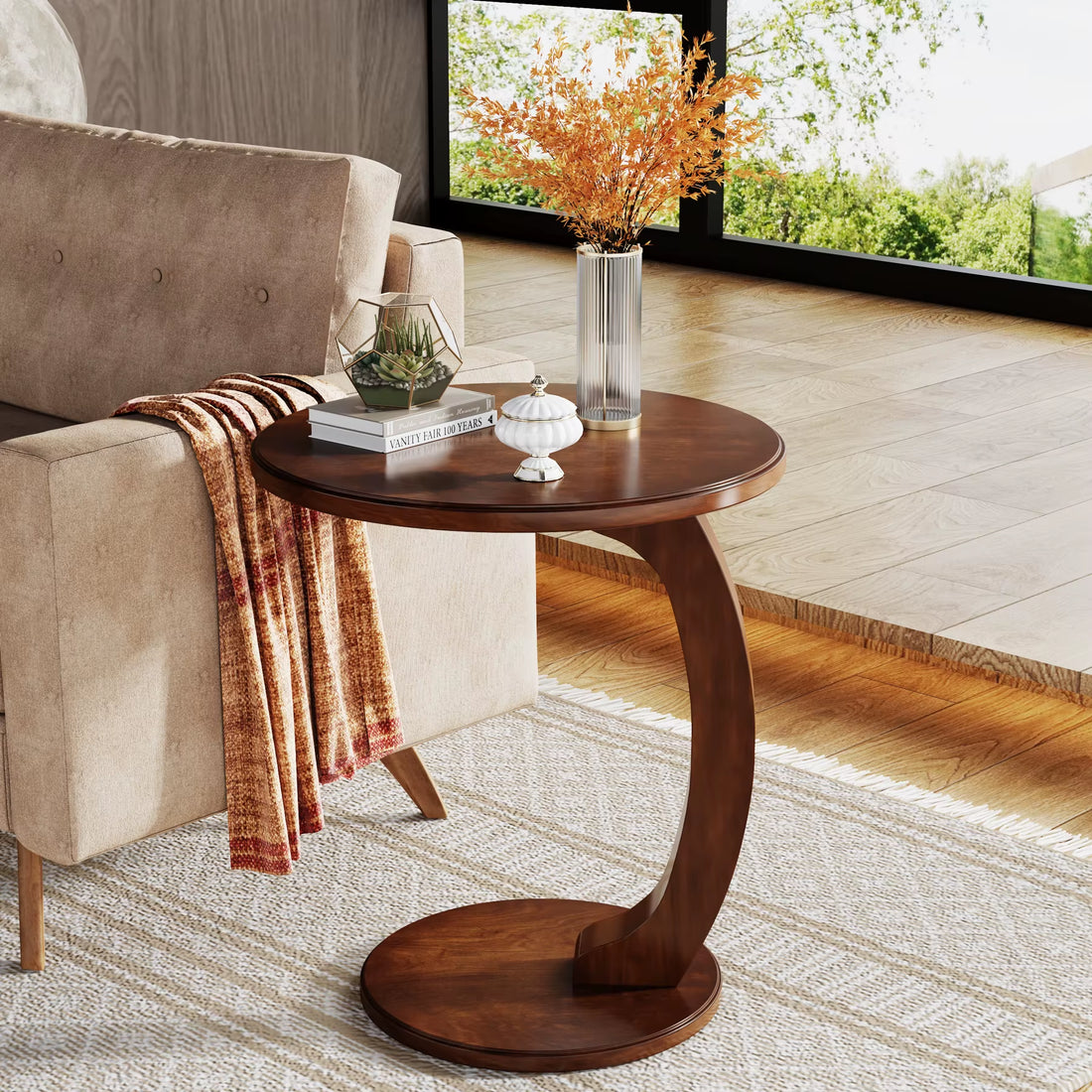 Round End Wood C-Shaped Side Table Modern Home