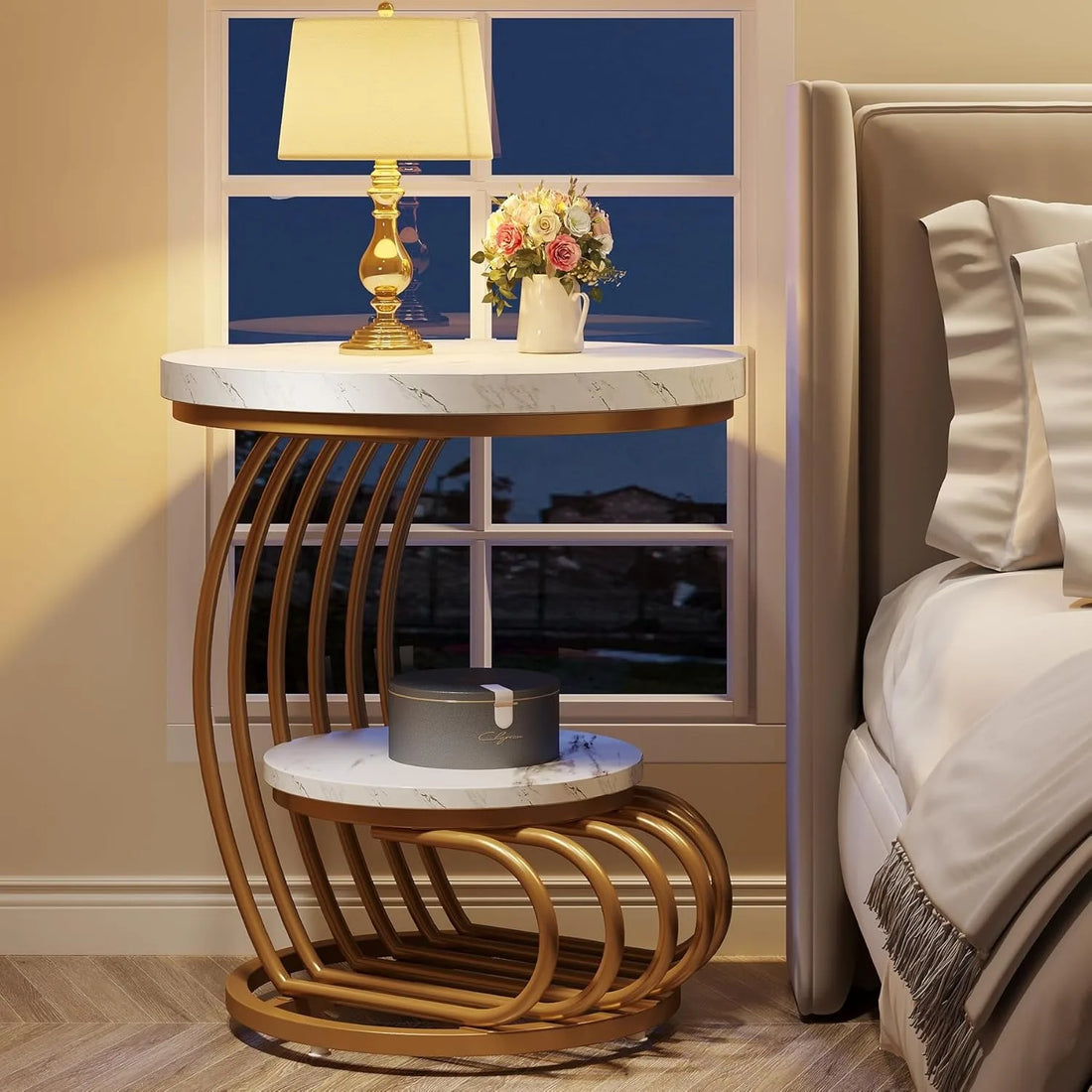 Arc-Shaped Side Table with 2 Tiers Storage Shelves