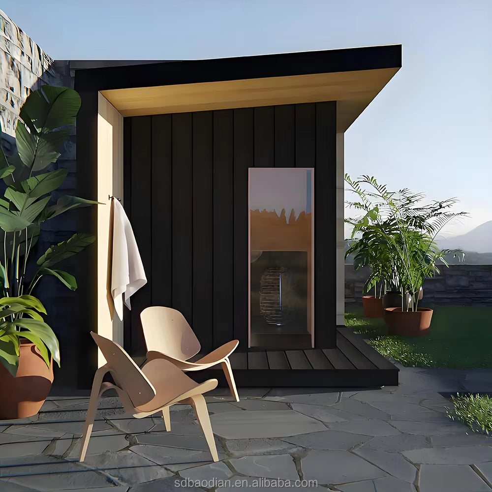 Factory Custom Sold Outdoor Luxury 4-6 Person Cubic Solid Sauna with Wet Steam Modern Design Includes Stove Heating
