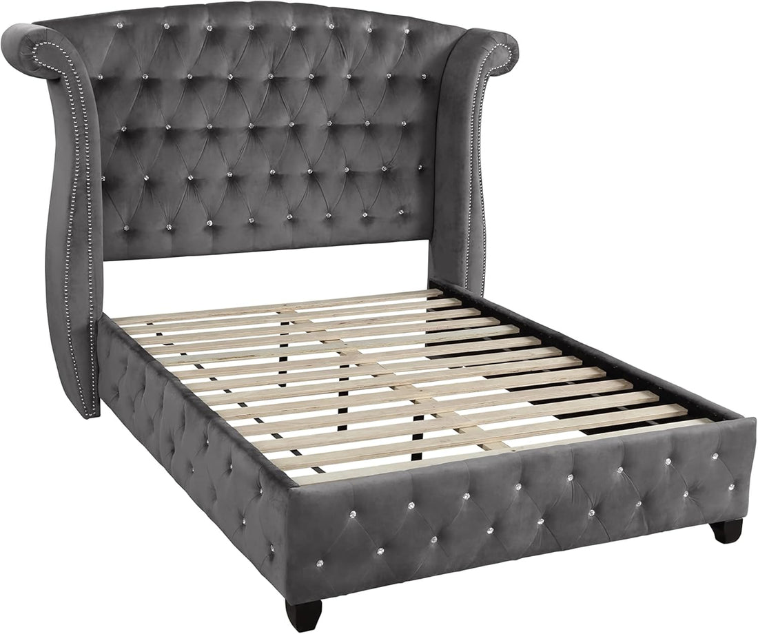 Luxury Bed Frame - Velvet Upholstered Platform Bed with Rolled Headboard 