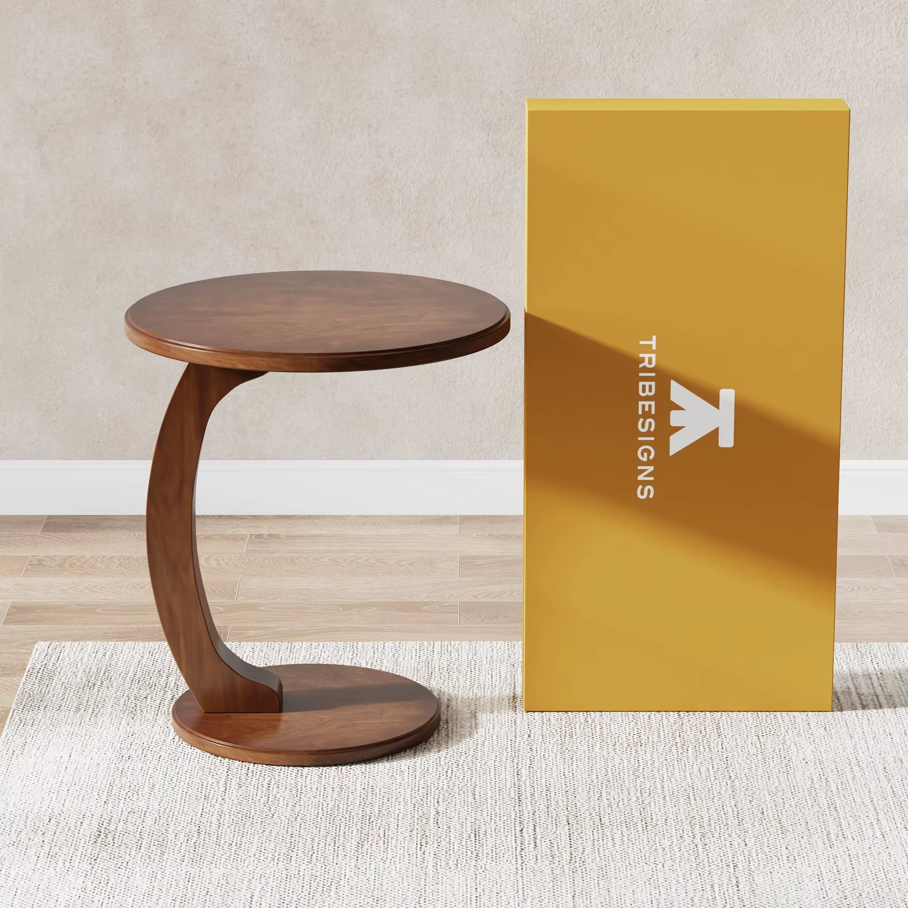 Round End Wood C-Shaped Side Table Modern Home