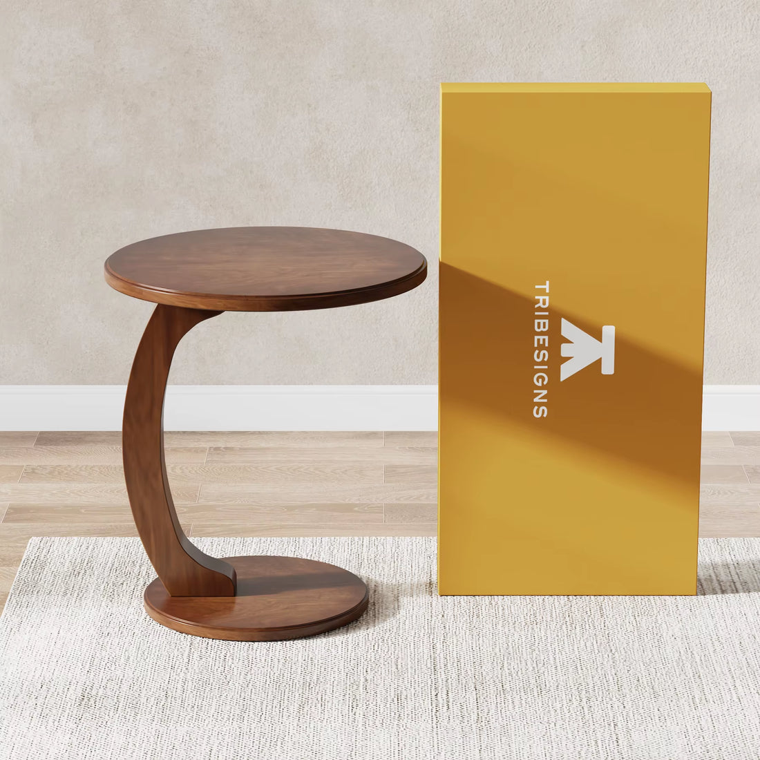Round End Wood C-Shaped Side Table Modern Home