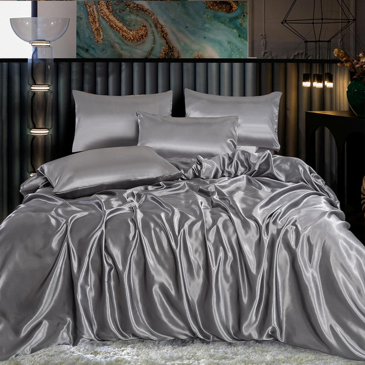 Satin Silk Complete Bedding Set - 6 PCS - Fitted Sheet, Duvet Cover, 4 Pillow Cases. Color - Silver Size - Double