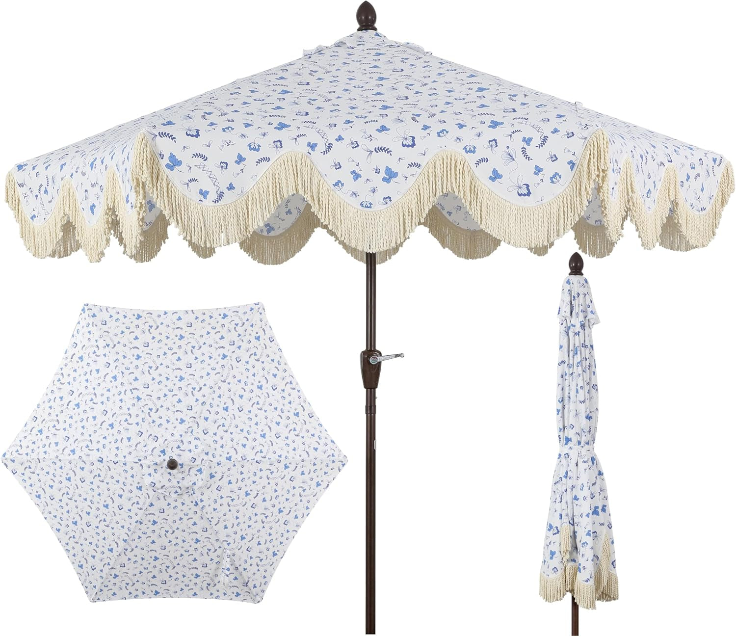 UMB1001 Collins 9 Ft. Classic Cottage Tassel Market Patio Umbrella with Auto-Tilt, Crank, Wind Vent and UV Protection