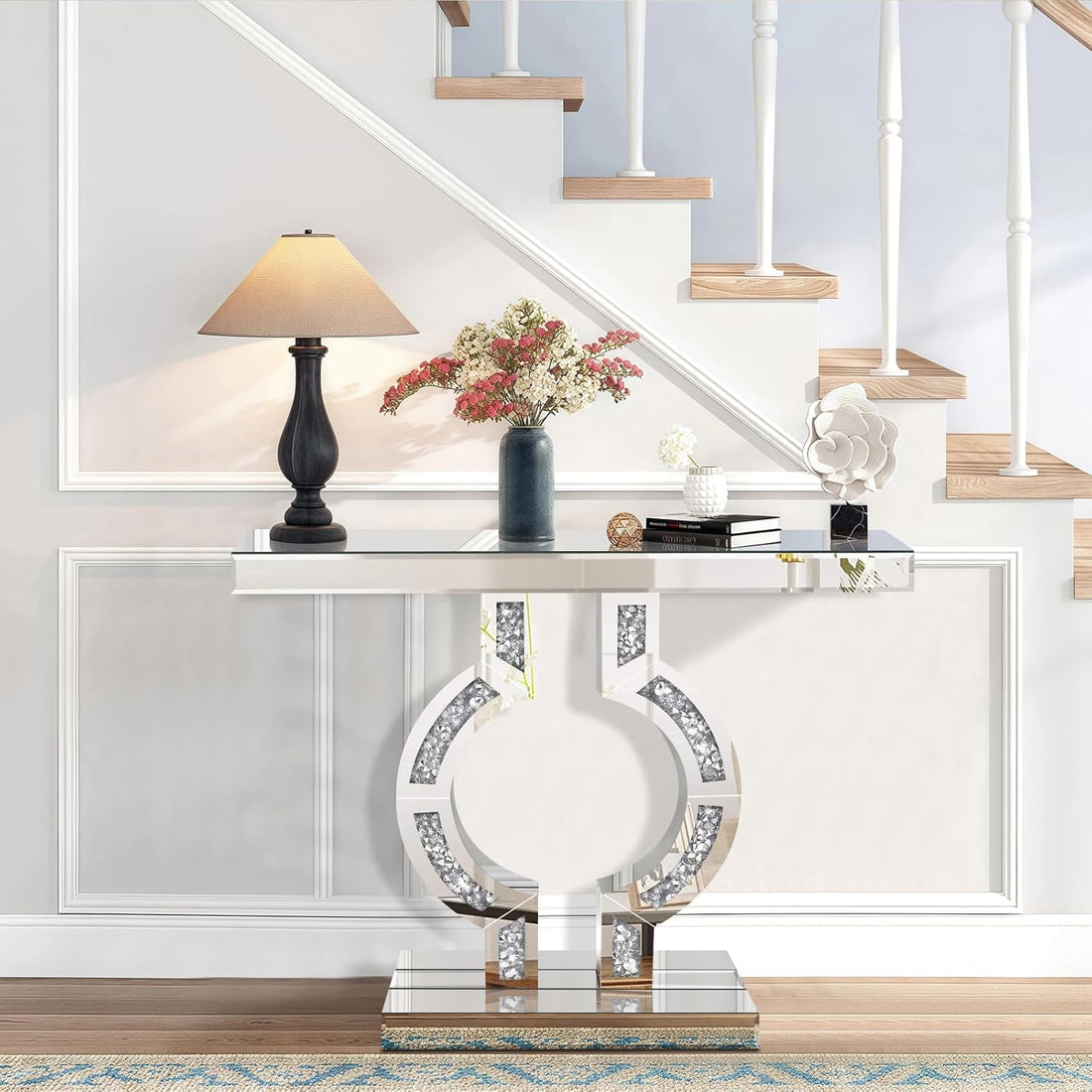 Luxury Silver Mirrored Table with Crushed Diamond Inlay, Home Living Room