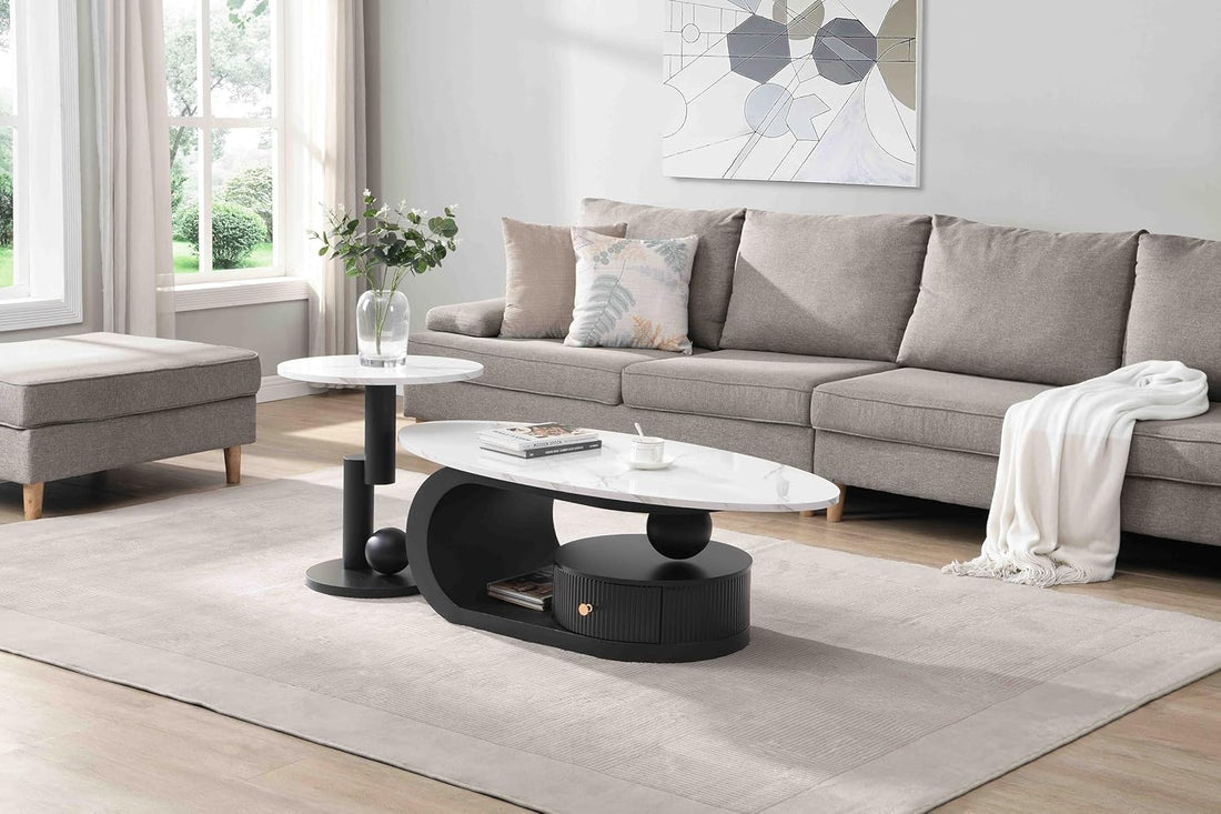  Nesting Oval Coffee Table Set of 2 Black Faux Marble